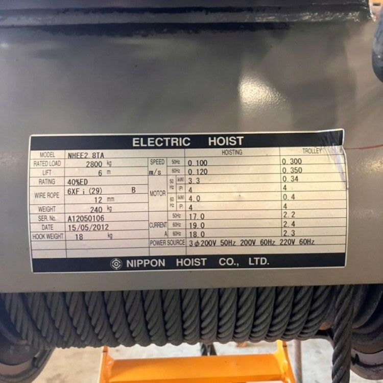 岐阜県にて 日本ホイスト 天井クレーンホイスト2.8トン NHEE2.8TA を買取致しました。